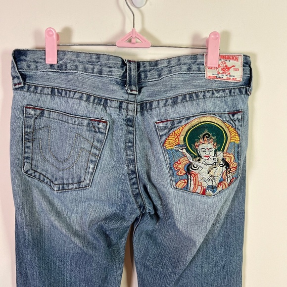 True Religion Vintage Embroidered Low Rise Boot Cut Denim Jeans